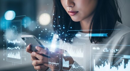 Woman using smartphone with futuristic fintech financial data overlay and glowing abstract lights