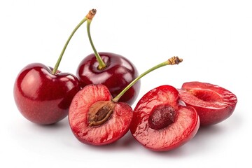 Whole ripe red juicy sweet cherries and halves with pits isolated on white background