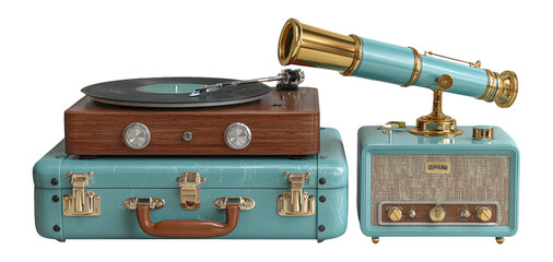 Vintage Record Player and Telescope on Retro Suitcase Display