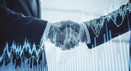 Fintech partnership handshake with financial data overlays representing growth