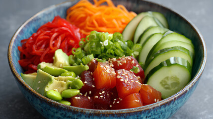 Vegan Poke Bowl Ingredients Floating in Blue Bowl