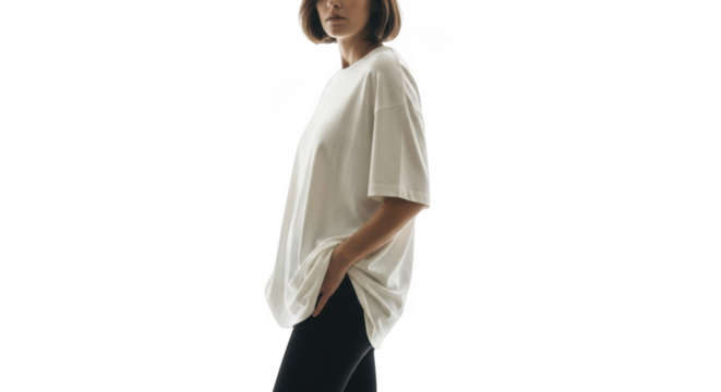 A woman in a loosefitting white tshirt and black leggings stands with her hand in her pocket, isolated on a transparent background