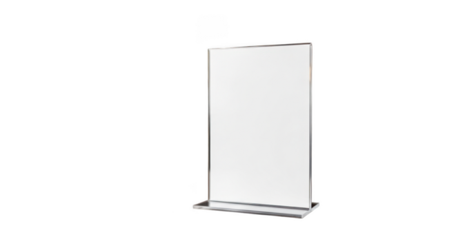 A clear acrylic sign holder with a silver base stands upright on a plain transparent background, ready to display information