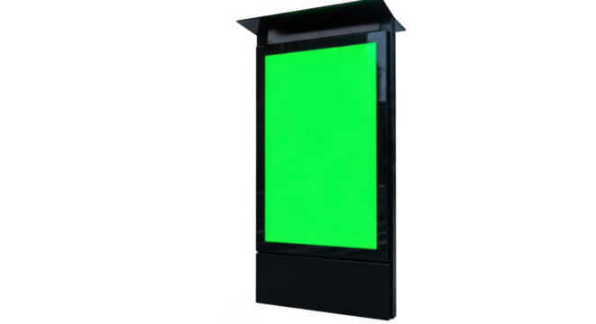 A modern black advertising kiosk with a bright green screen is isolated on a plain transparent background, ready for digital content