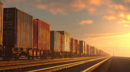 Obraz premium row of containers on rail freight cars stretching into horizon sunset light illustration concept scene visual for commercial design use high detail quality stock image illustration concept scene 
