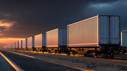 Obraz premium row of containers on rail freight cars stretching into horizon sunset light illustration concept scene visual for commercial design use high detail quality stock image illustration concept scene 