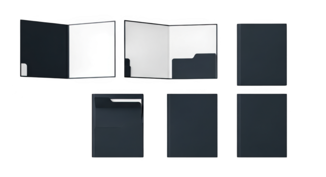 A collection of dark blue folders, some open to reveal a white interior and a pocket, others closed, all isolated on a transparent background