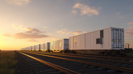Fototapeta premium row of containers on rail freight cars stretching into horizon sunset light illustration concept scene visual for commercial design use high detail quality stock image illustration concept scene 