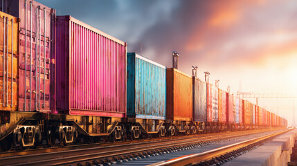 Fototapeta premium row of containers on rail freight cars stretching into horizon sunset light illustration concept scene visual for commercial design use high detail quality stock image illustration concept scene 