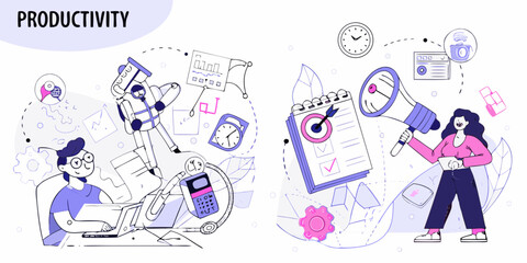 Illustration of business productivity with people working on tasks and achieving goals