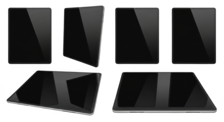 A collection of modern black tablets displayed from various angles, showcasing their sleek design and reflective screens, isolated on a clean transparent background