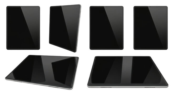 A collection of modern black tablets displayed from various angles, showcasing their sleek design and reflective screens, isolated on a clean transparent background