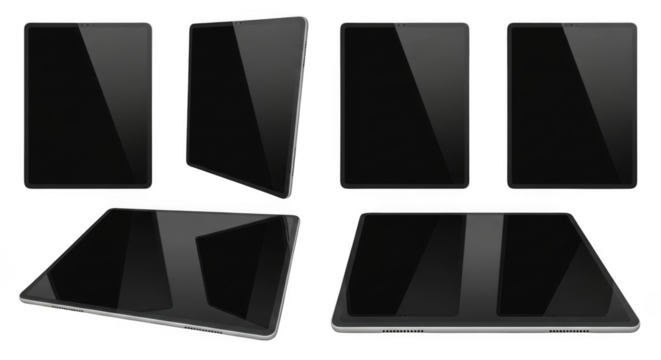 A collection of modern black tablets displayed from various angles, showcasing their sleek design and reflective screens, isolated on a clean transparent background