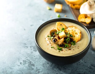 Creamy mushroom soup in a bowl, topped with croutons and mushrooms