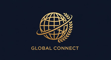 Elegant golden globe with laurel wreath symbolizing global connection and success on dark background
