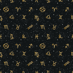 Zodiac Signs Seamless Pattern. Horoscope Abstract Background with Zodiac Signs, Stars. Astrology Print. Vector Hand Drawn Illustration in Gold, Black, White