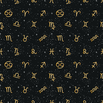 Zodiac Signs Seamless Pattern. Horoscope Abstract Background with Zodiac Signs, Stars. Astrology Print. Vector Hand Drawn Illustration in Gold, Black, White