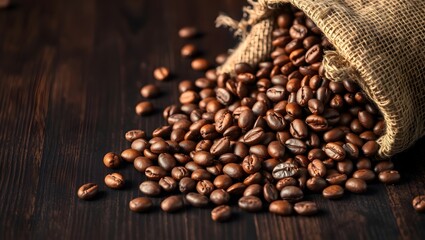 Fototapeta premium Aromatic roasted coffee beans overflowing from a rustic burlap sack onto a dark wooden background, a concept of fresh morning brew