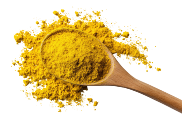 Wooden spoon filled with bright yellow spice powder, spilling onto a dark background