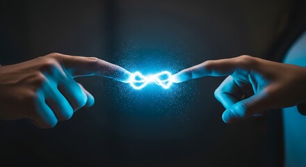 Two fingers connect creating electric blue sparky energy symbolizing fintech innovation