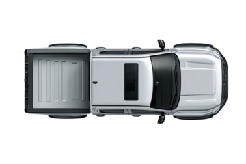 Overhead view of a light gray pickup truck.  Truck bed, cab, and windshield visible.  Roof top hatch.  Solid black background