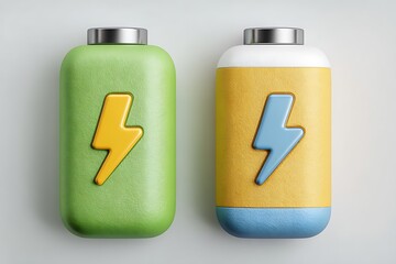 Green and yellow battery icons with lightning symbols power energy