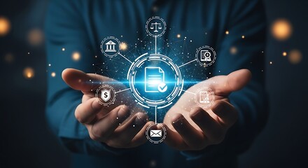 Hands holding glowing digital network with finance technology icons for fintech innovation