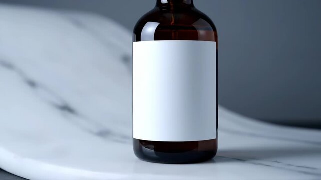 Amber Bottle Mockup on Marble - A brown glass bottle with a blank white label sits on an elegant marble surface against a gray background.