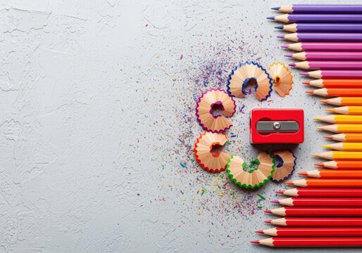 Rainbow pencils, sharpener, shavings on grey surface