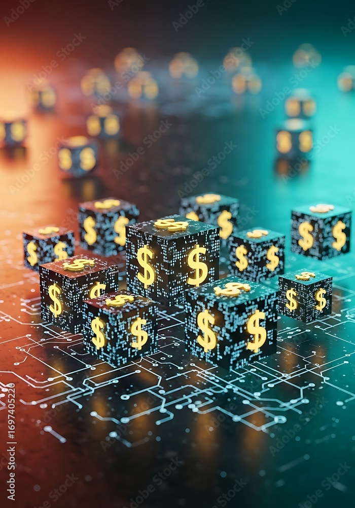 Poster abstract 3d rendering of glowing dollar sign cubes representing fintech and financial technology.