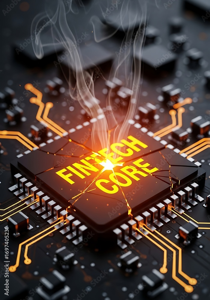 Poster glowing fintech core processor on circuit board technology concept future digital finance
