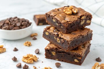 stack of baked square brownie chocolate chip pie with walnuts on white background