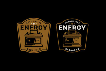 Automotive battery retro badge logo vector design set for garage and workshop. Car energy battery vintage emblem logo graphic for spare parts. Vehicle battery power illustration label element designs