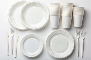 Disposable white plastic tableware plates, cups, forks and knives on white background