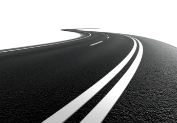 Dark highway curves into distance.  Two white lines mark the road