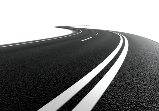 Dark highway curves into distance.  Two white lines mark the road