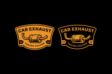 Car exhaust retro badge logo vector design set for garage and workshop. Muffler automotive vintage emblem logo pack for mechanic shop. Custom tuning exhaust system illustration label element designs