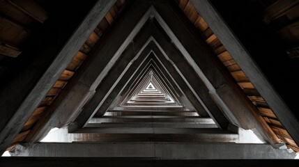 Obraz premium Symmetrical Architectural Design with Triangular Patterns in Dark Tones and Warm Wooden Accents in Perspective View