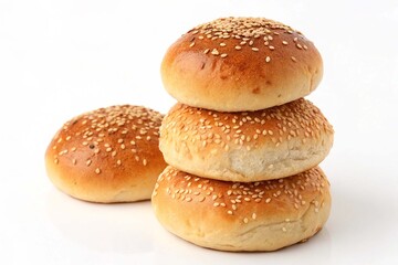 Stack of baked whole round bun with sesame seeds made from white wheat flour on white background