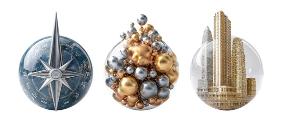 Compass, Decorative Bubbles, City Skyline in a Modern Design Layout