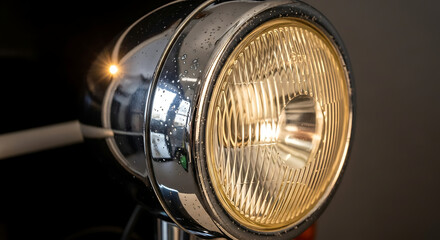 Closeup of a vintage motorcycle headlight with water droplets on the chrome casing