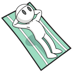 A simple cartoon character is relaxing on a beach towel, with hands behind its head, enjoying a moment of leisure isolated on transparent background