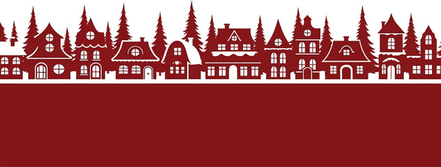 Fototapeta premium Charming village silhouette with festive red and white buildings and evergreen trees