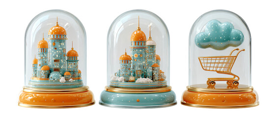 Colorful Snow Globes with Scenic Cities and Shopping Cart Design