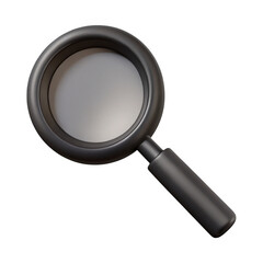 A 3d rendering of a black magnifying glass with a thick rim and a cylindrical handle, isolated on a plain transparent background