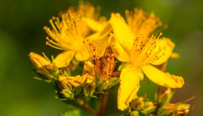 Close-up of bright yellow flowers, detailed stamens, blurred green background