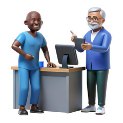 A doctor in blue scrubs discusses a tablet with an older colleague in a blue shirt and glasses, standing near a desk with a computer isolated on transparent background