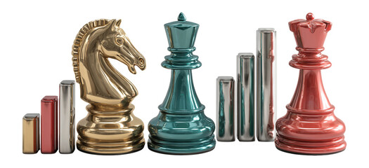 Elegant Chess Pieces in Metallic Finish on a White Background