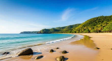 Beautiful Tropical Beach with Turquoise Water and Lush Green Hills.