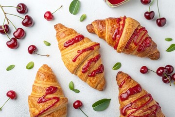 Baked croissants with cherry glaze, top view on white background